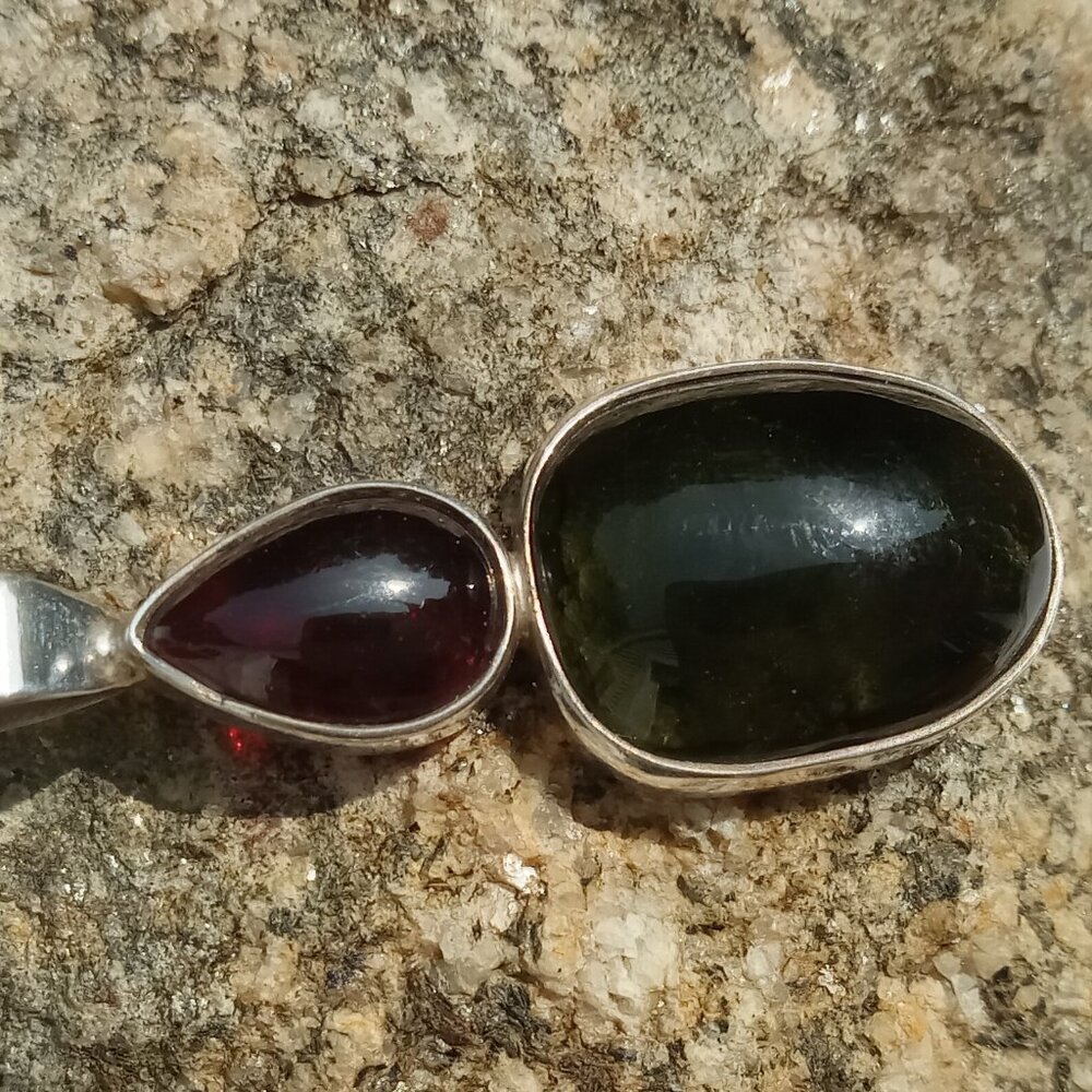 Moldavite And Pink Tourmaline Pendant in 925